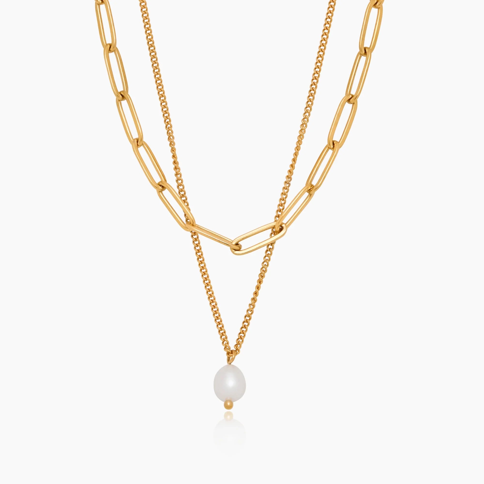 Paperclip & Pearl Drop Layered Necklace