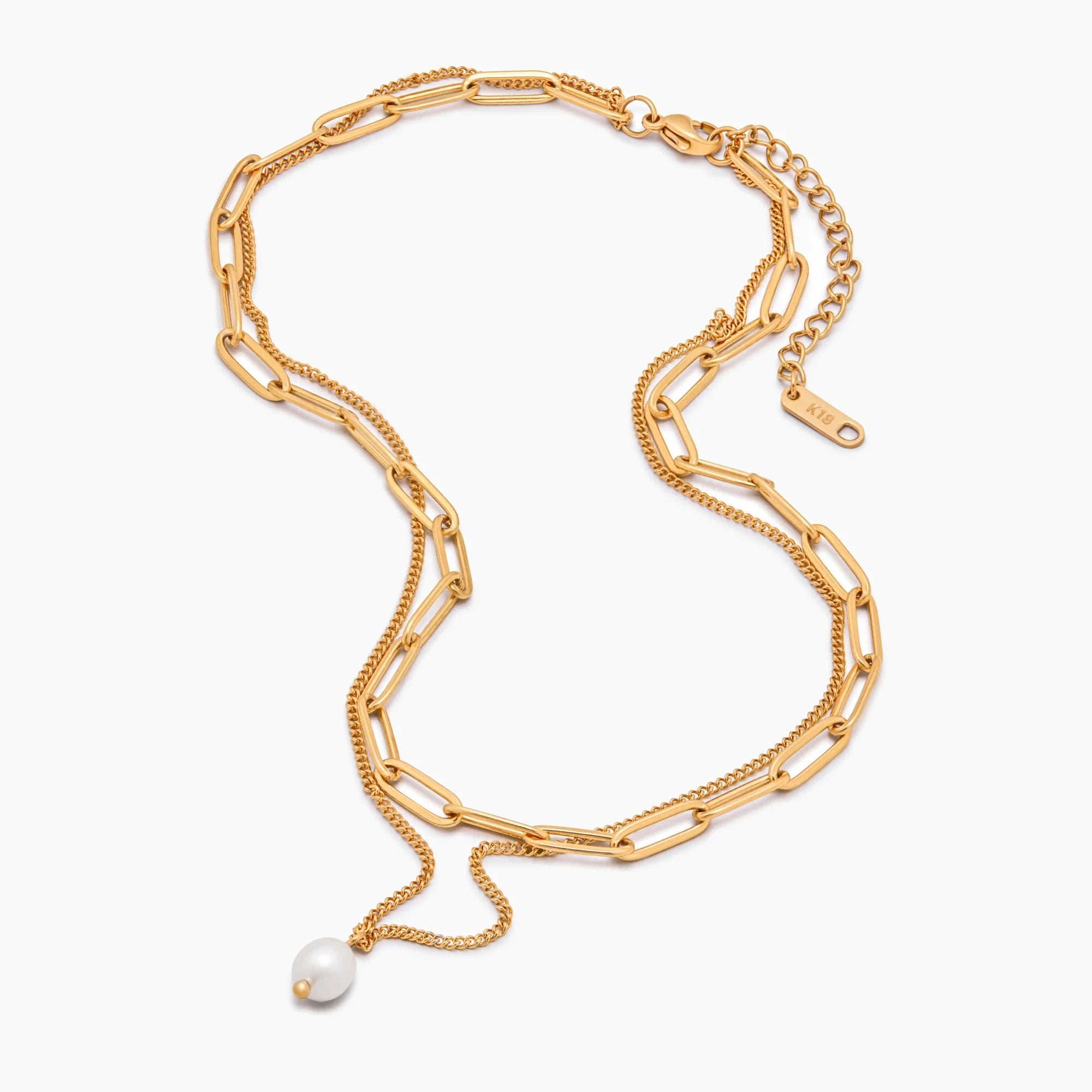 Paperclip & Pearl Drop Layered Necklace